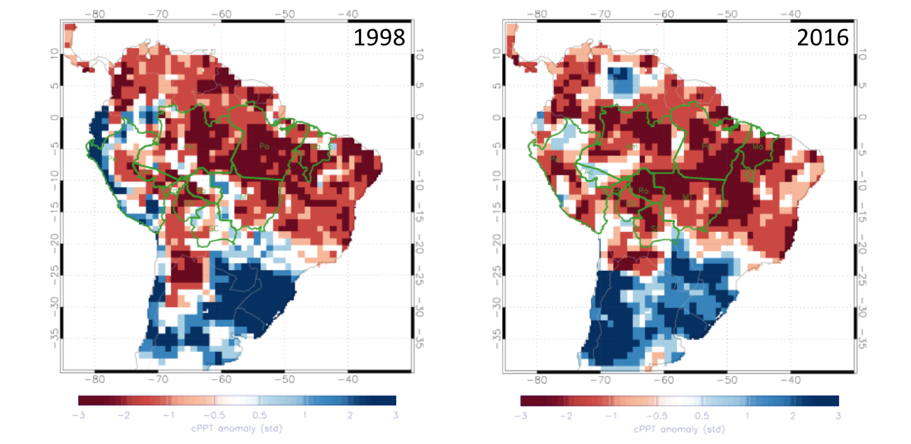 Comparação entre secura na Amazônia entre 1998 (esq.) E 2016; quanto mais vermelho, mais seco